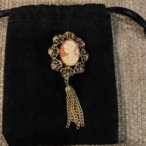 CAMEO Statement Victorian Revival Dangling Vintage Brooch tassel chain gold